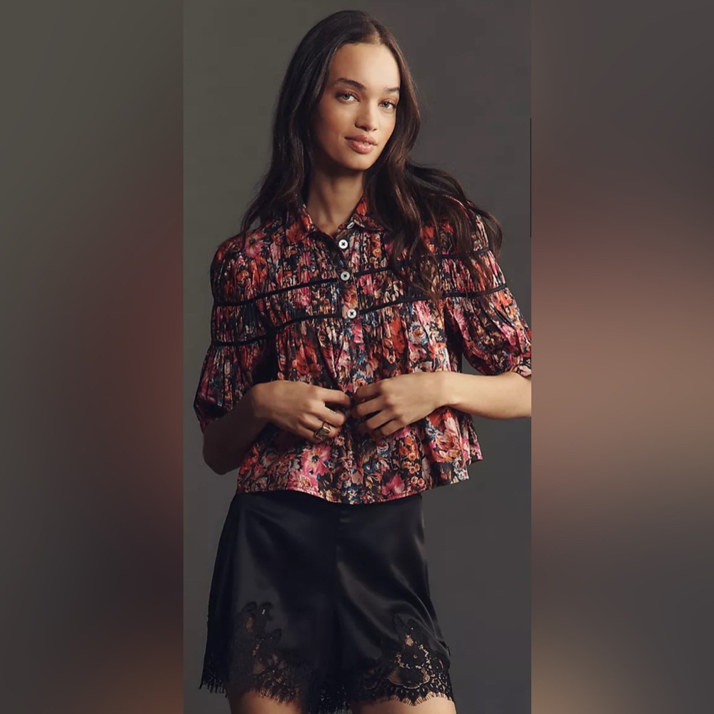 Maeve The Leandra Shirred Yoke Blouse by Maeve in Black Floral
